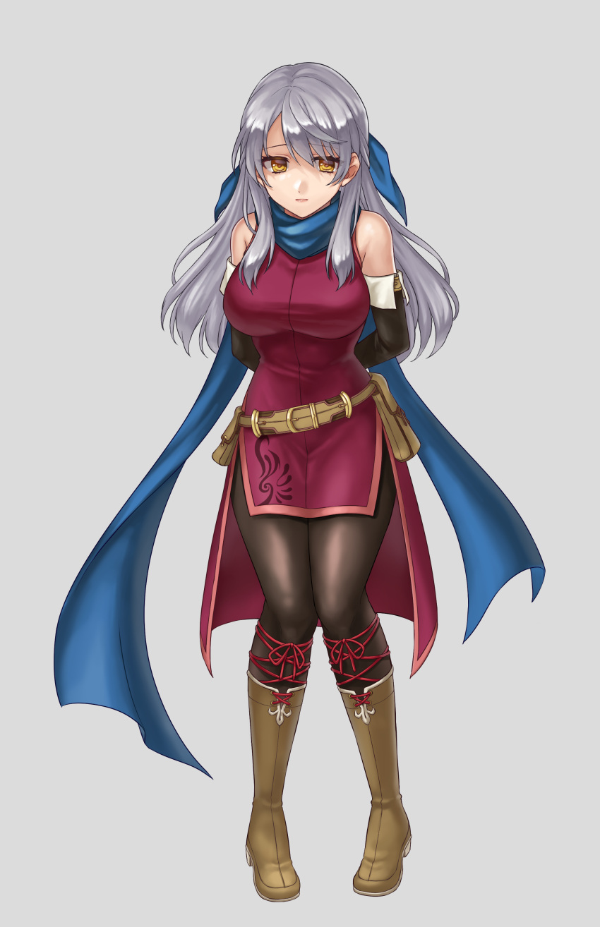 1girl absurdres arms_behind_back bangle bare_shoulders belt black_gloves black_legwear blue_scarf boots bracelet breasts commission dress elbow_gloves eyebrows_visible_through_hair fire_emblem fire_emblem:_radiant_dawn gloves hair_ribbon half_updo hazuki_(nyorosuke) highres jewelry large_breasts long_hair micaiah_(fire_emblem) multiple_others out_of_frame pantyhose restrained ribbon scarf side_slit silver_background silver_hair simple_background skeb_commission sleeveless sleeveless_dress solo yellow_eyes