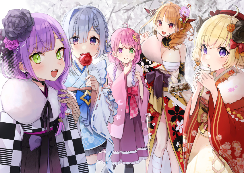 5girls ahoge alternate_costume alternate_hairstyle amane_kanata angel bandaged_leg bandages bangs blonde_hair blue_eyes blue_hair blue_kimono blunt_bangs blush bow braid breasts candy_apple checkered checkered_kimono cold colored_inner_hair cup demon detached_collar detached_sleeves dragon_girl dragon_horns drill_hair eyebrows_visible_through_hair floral_print flower food gradient_hair gradient_kimono green_eyes hair_between_eyes hair_flower hair_ornament hair_over_shoulder hair_stick heterochromia highlights highres himemori_luna holding holding_cup holding_food hololive horn_bow horn_flower horns japanese_clothes kanzashi kimono kiryuu_coco large_breasts long_hair long_sleeves looking_at_viewer medium_hair multicolored_hair multiple_girls off_shoulder official_alternate_costume omaru_(0marufestival) open_mouth orange_hair outdoors pink_eyes pink_hair pink_kimono pointy_ears purple_hair red_eyes red_kimono sarashi sheep_girl sheep_horns short_hair side_braid side_drill side_ponytail silver_hair skindentation streaked_hair striped striped_bow takoyaki tokoyami_towa tree tsunomaki_watame twin_braids violet_eyes virtual_youtuber white_kimono wide_sleeves