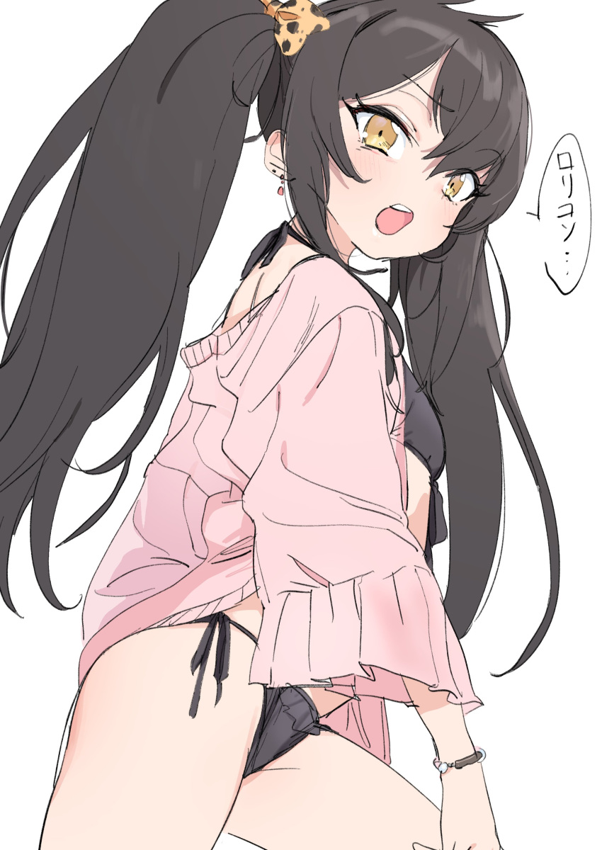 1girl absurdres animal_print bikini black_bikini black_hair bracelet commentary_request cowboy_shot dorontabi earrings hair_ribbon highres idolmaster idolmaster_cinderella_girls jewelry leopard_print long_hair looking_at_viewer matoba_risa open_clothes open_mouth print_ribbon ribbon side-tie_bikini simple_background sketch solo speech_bubble swimsuit translated twintails white_background yellow_eyes