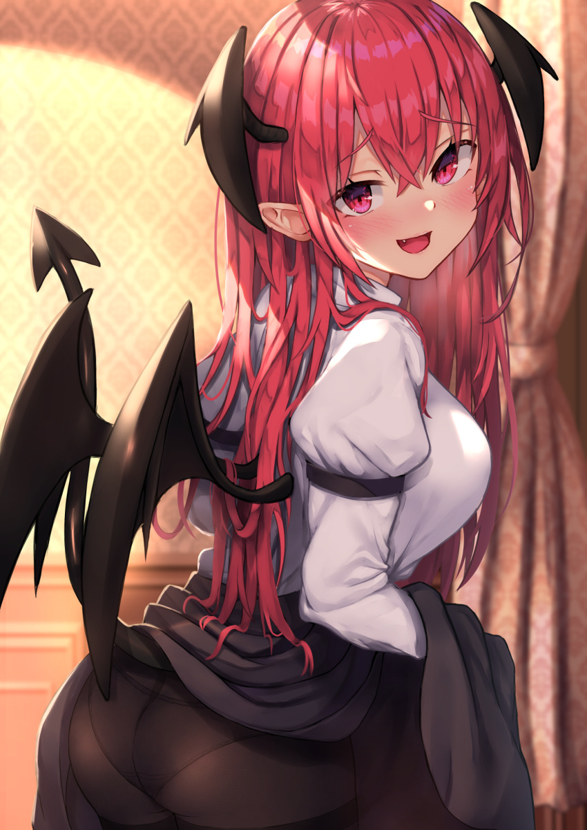 1girl :d ass bangs black_legwear black_panties black_wings blush breasts commentary_request cowboy_shot curtains demon_girl demon_tail demon_wings eyebrows_visible_through_hair from_behind head_wings highres indoors koakuma lifted_by_self long_hair long_sleeves looking_at_viewer looking_back medium_breasts open_mouth panties panties_under_pantyhose pantyhose pink_eyes pink_hair pointy_ears shirt skirt skirt_lift smile solo succubus tail thighband_pantyhose touhou underwear very_long_hair white_shirt wings wowoguni