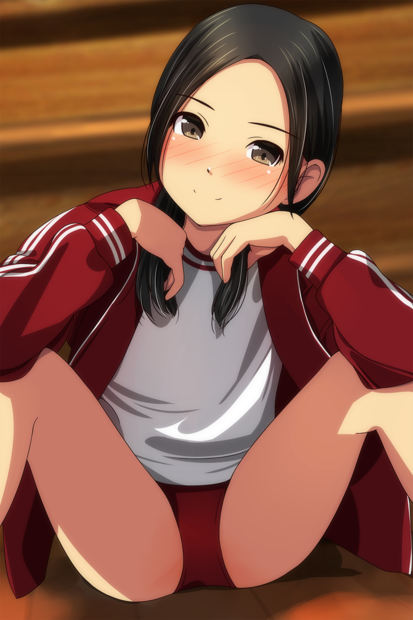 1girl absurdres bangs black_hair blurry blurry_background blush brown_eyes buruma closed_mouth depth_of_field forehead hands_up highres jacket knees_up long_hair long_sleeves looking_at_viewer matsunaga_kouyou nose_blush open_clothes open_jacket original parted_bangs red_buruma red_jacket shirt sitting smile solo spread_legs track_jacket white_shirt