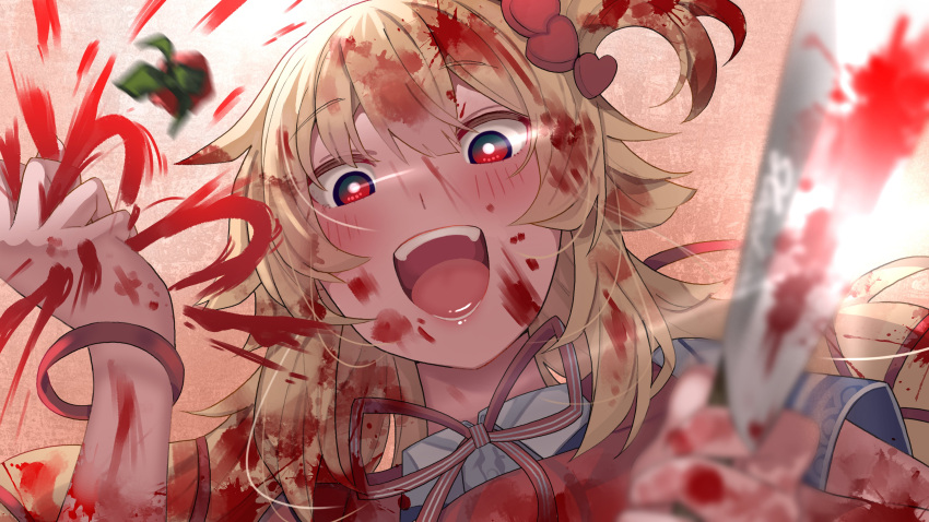 1girl absurdres akai_haato alternate_eye_color bangs blonde_hair bracelet crazy_smile eyebrows_visible_through_hair hair_ornament heart heart_hair_ornament highres hololive jewelry knife long_hair looking_at_viewer neck_ribbon one_side_up open_mouth red_eyes red_ribbon ribbon smile solo tomato tonarikeru very_long_hair virtual_youtuber