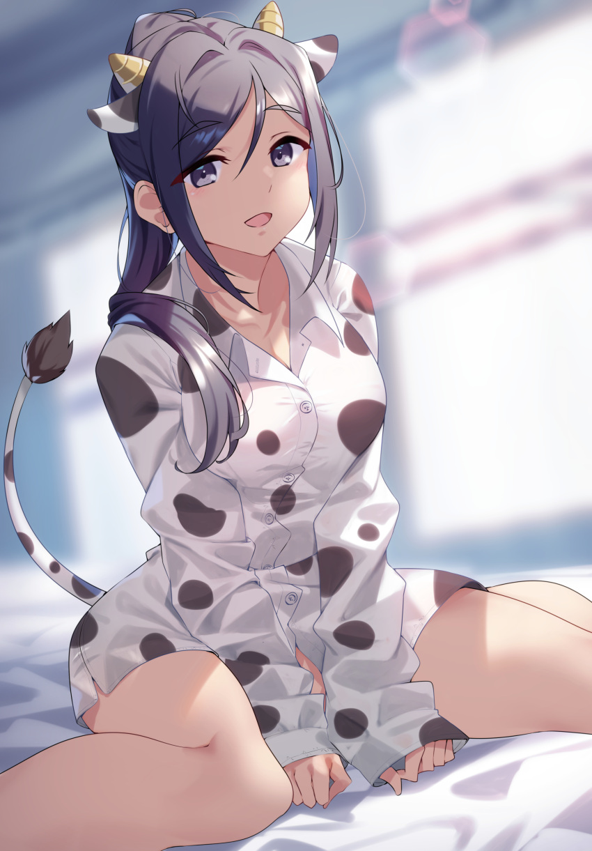 1girl absurdres animal_ears bangs blue_hair blush breasts cow cow_ears cow_girl cow_horns cow_tail eyebrows_visible_through_hair hair_ornament highres horns large_breasts long_hair looking_at_viewer love_live! love_live!_sunshine!! matsuura_kanan open_mouth ponytail sitting smile solo tail thigh-highs violet_eyes wariza yamaori_(yamaorimon)
