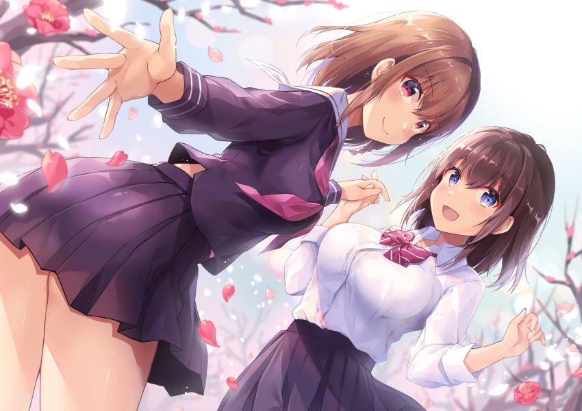 2girls black_shirt black_skirt blue_eyes blurry blurry_background blush bow bowtie brown_hair closed_mouth collared_shirt dutch_angle flower highres holding_hands long_sleeves looking_at_viewer multiple_girls neckerchief open_mouth original outdoors outstretched_arm pleated_skirt red_bow red_eyes red_neckwear sailor_collar school_uniform serafuku shiro_kuma_shake shirt short_hair skirt sky smile standing tree uniform white_sailor_collar white_shirt