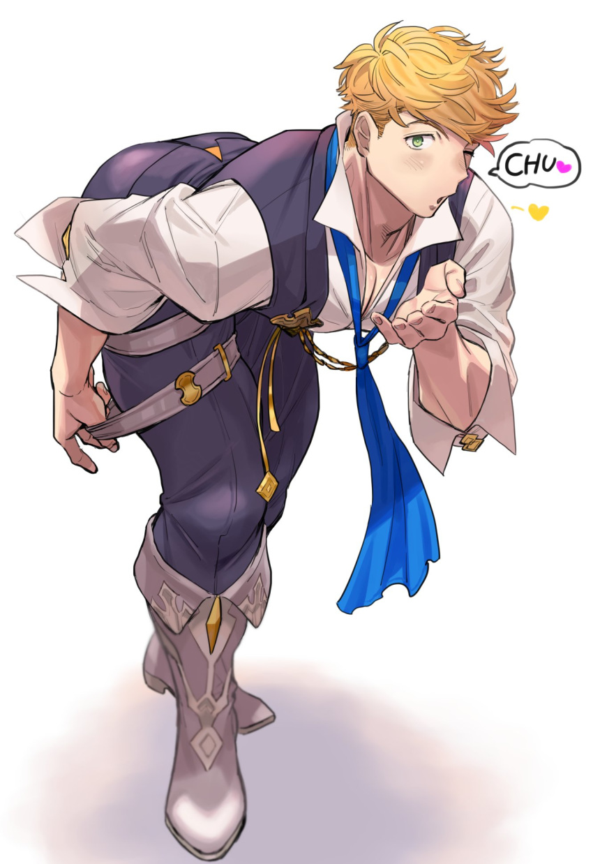 1boy ass bangs black_vest blonde_hair blown_kiss blush boots brown_footwear clothes_pull full_body granblue_fantasy green_eyes highres leaning_forward looking_at_viewer male_focus mm86262394 one_eye_closed partially_unbuttoned pectorals pulled_by_self short_hair solo toned toned_male vane_(granblue_fantasy) vest