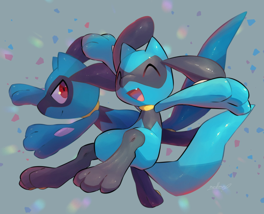 ^_^ closed_eyes closed_mouth commentary fang gen_4_pokemon highres looking_at_another nullma open_mouth paws pokemon pokemon_(creature) riolu smile toes tongue