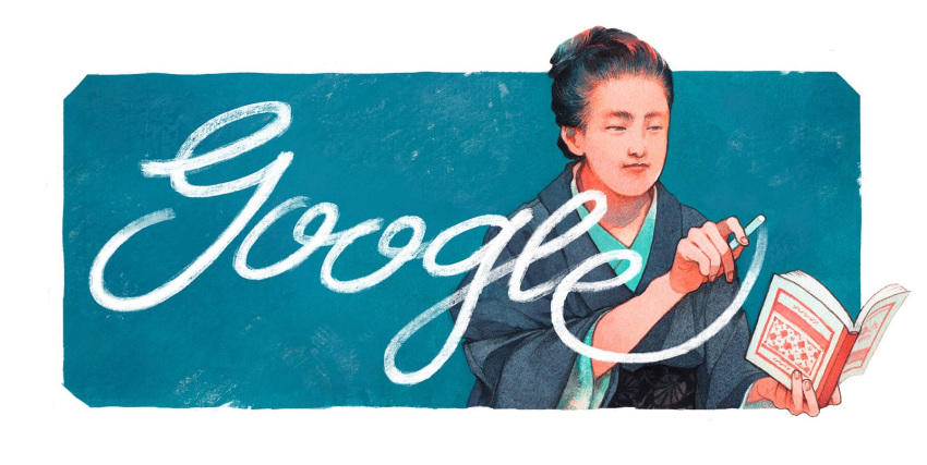 black_hair book border chalk cursive google google_doodles highres holding holding_book japanese_clothes kan0nakan0 kimono open_book real_life shadow tsuda_umeko upper_body white_border writing