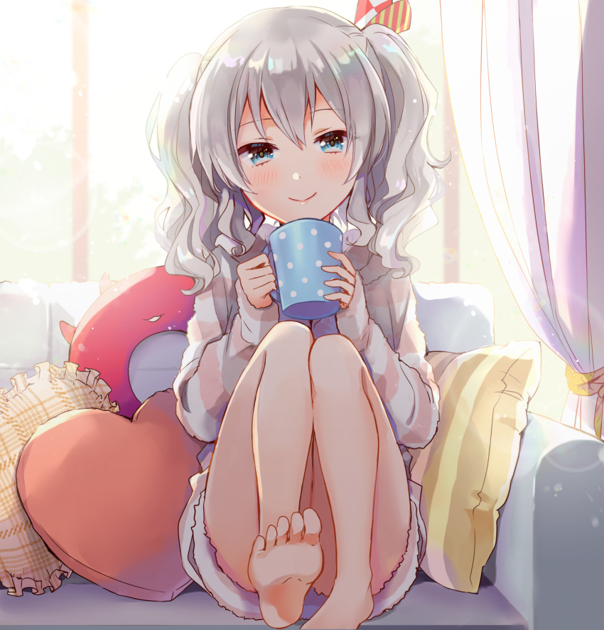 1girl 1other anbutter_siruko barefoot blue_eyes blush closed_mouth couch cup curtains enemy_lifebuoy_(kantai_collection) hair_between_eyes heart heart_pillow highres holding holding_cup kantai_collection kashima_(kantai_collection) long_hair long_sleeves looking_at_viewer pillow shirt silver_hair smile striped striped_shirt toes twintails window