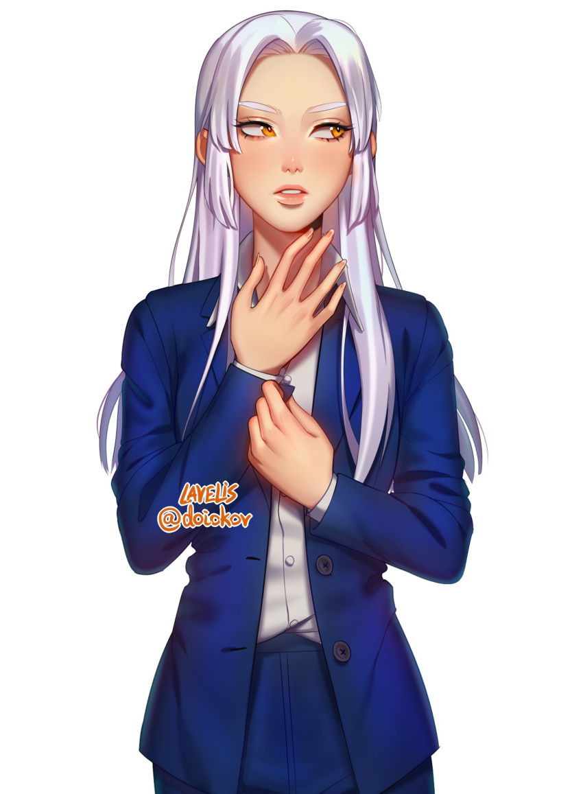 1girl adjusting_sleeves artist_name blue_jacket blue_pants commentary copyright_request english_commentary hand_up highres jacket lavelis long_hair long_sleeves looking_to_the_side orange_eyes pants parted_lips shirt sideways_glance simple_background solo white_background white_hair white_shirt