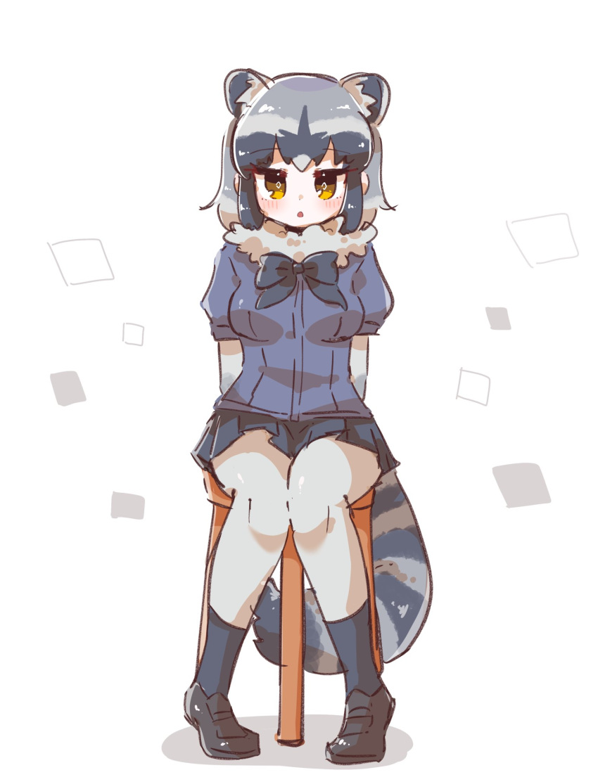 1girl animal_ears black_neckwear blue_hair blue_skirt blue_sweater blush bow bowtie chair commentary_request common_raccoon_(kemono_friends) elbow_gloves extra_ears eyebrows_visible_through_hair full_body fur_collar gloves grey_hair grey_legwear highres kemono_friends multicolored_hair pantyhose pleated_skirt puffy_short_sleeves puffy_sleeves raccoon_ears raccoon_girl raccoon_tail saiun_san short_hair short_sleeves sitting skirt solo sweater tail two-tone_legwear white_neckwear yellow_eyes