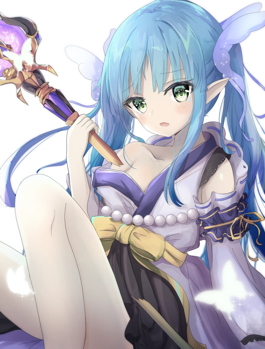 1girl bangs bare_shoulders blue_hair blush bow breasts collarbone detached_sleeves eyebrows_visible_through_hair green_eyes hair_ornament hair_ribbon highres holding japanese_clothes kyouka_(princess_connect!) long_hair long_sleeves looking_at_viewer nekonosuke open_mouth pantyhose pointy_ears princess_connect! princess_connect!_re:dive ribbon sidelocks simple_background sitting small_breasts solo tears twintails white_background white_legwear wide_sleeves