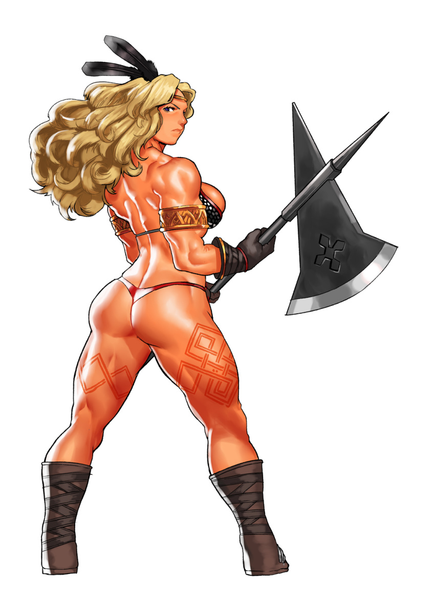 1girl amazon_(dragon's_crown) armlet armor ass biceps bikini_armor black_gloves blonde_hair boots cessa commission dragon's_crown from_behind gloves halberd highres long_hair looking_at_viewer looking_back muscular muscular_female polearm simple_background solo tattoo weapon white_background