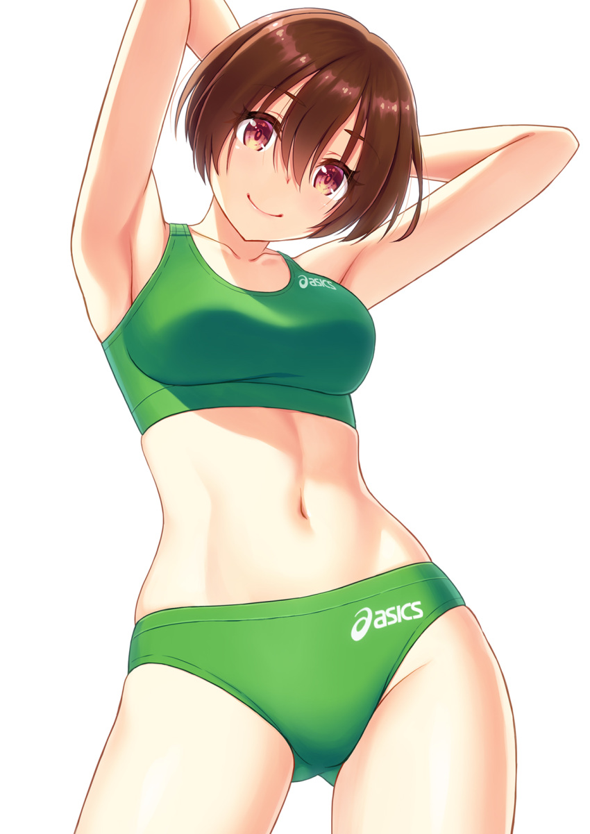 1girl armpits arms_behind_head arms_up asics ass_visible_through_thighs bangs breasts brown_hair collarbone contrapposto cowboy_shot eyebrows_visible_through_hair hair_between_eyes head_tilt highres kuri_(kurigohan) looking_at_viewer navel original short_hair simple_background skindentation smile solo sports_bikini standing violet_eyes