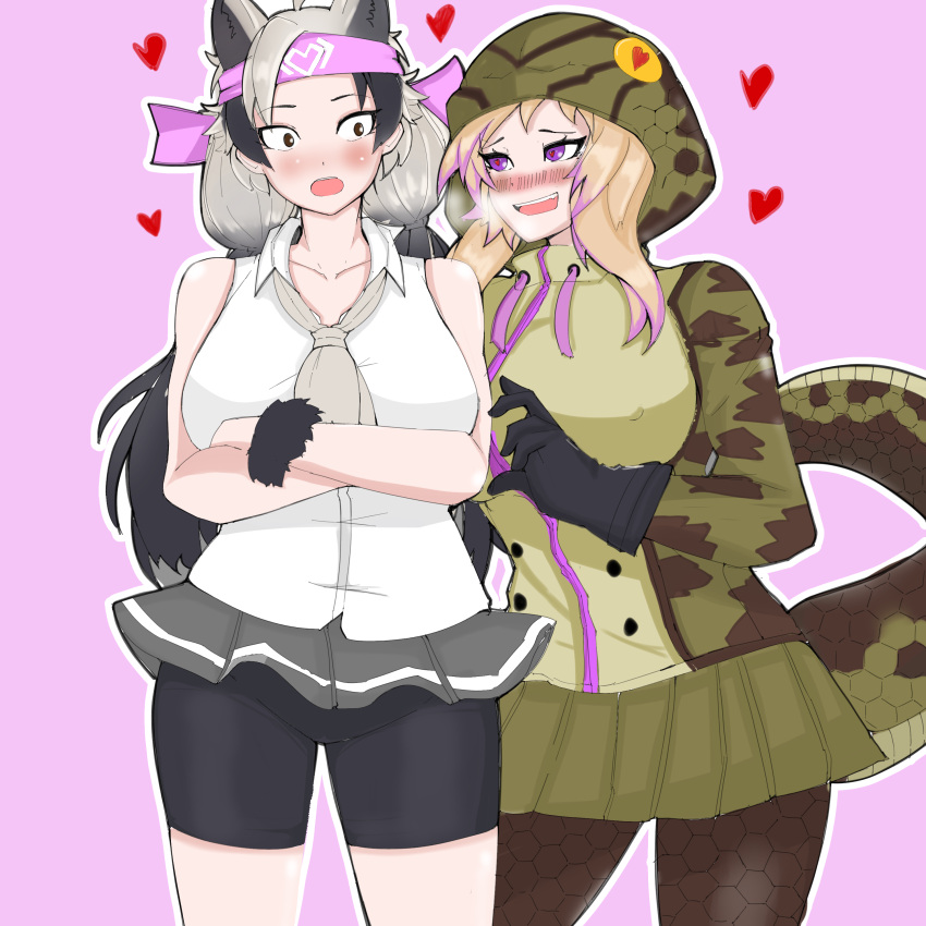 2girls absurdres african_rock_python_(kemono_friends) ahoge animal_ears aroused bare_arms bare_shoulders bear_ears bear_girl bike_shorts black_hair blonde_hair blush breath collarbone collared_shirt commentary crossed_arms drawstring english_commentary expressive_clothes extra_ears ezo_brown_bear_(kemono_friends) furrowed_eyebrows gloves grey_hair hand_up headband heart heart-shaped_pupils highres hood hood_up hooded_jacket jacket kemono_friends long_hair long_sleeves looking_at_another microskirt multicolored_hair multiple_girls nanoder necktie nose_blush open_mouth panties pink_background purple_hair shirt shorts shorts_under_skirt side-by-side simple_background skirt sleeveless sleeveless_shirt smile snake_tail symbol-shaped_pupils tail twintails two-tone_hair underwear very_long_hair violet_eyes wide-eyed wing_collar yuri zipper