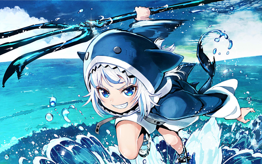 1girl animal_hood bare_legs blue_eyes blue_footwear blue_hair blue_hoodie blue_sky closed_mouth clouds cloudy_sky commentary day droplet fish_tail full_body gawr_gura grin highres holding holding_weapon hololive hololive_english hood hoodie looking_at_viewer medium_hair motion_blur multicolored_hair ocean outdoors polearm running running_on_liquid sakino_shingetsu shark_hood shark_tail sharp_teeth shoes silver_hair sky smile solo splashing streaked_hair tail teeth trident two-tone_hair virtual_youtuber water_drop weapon