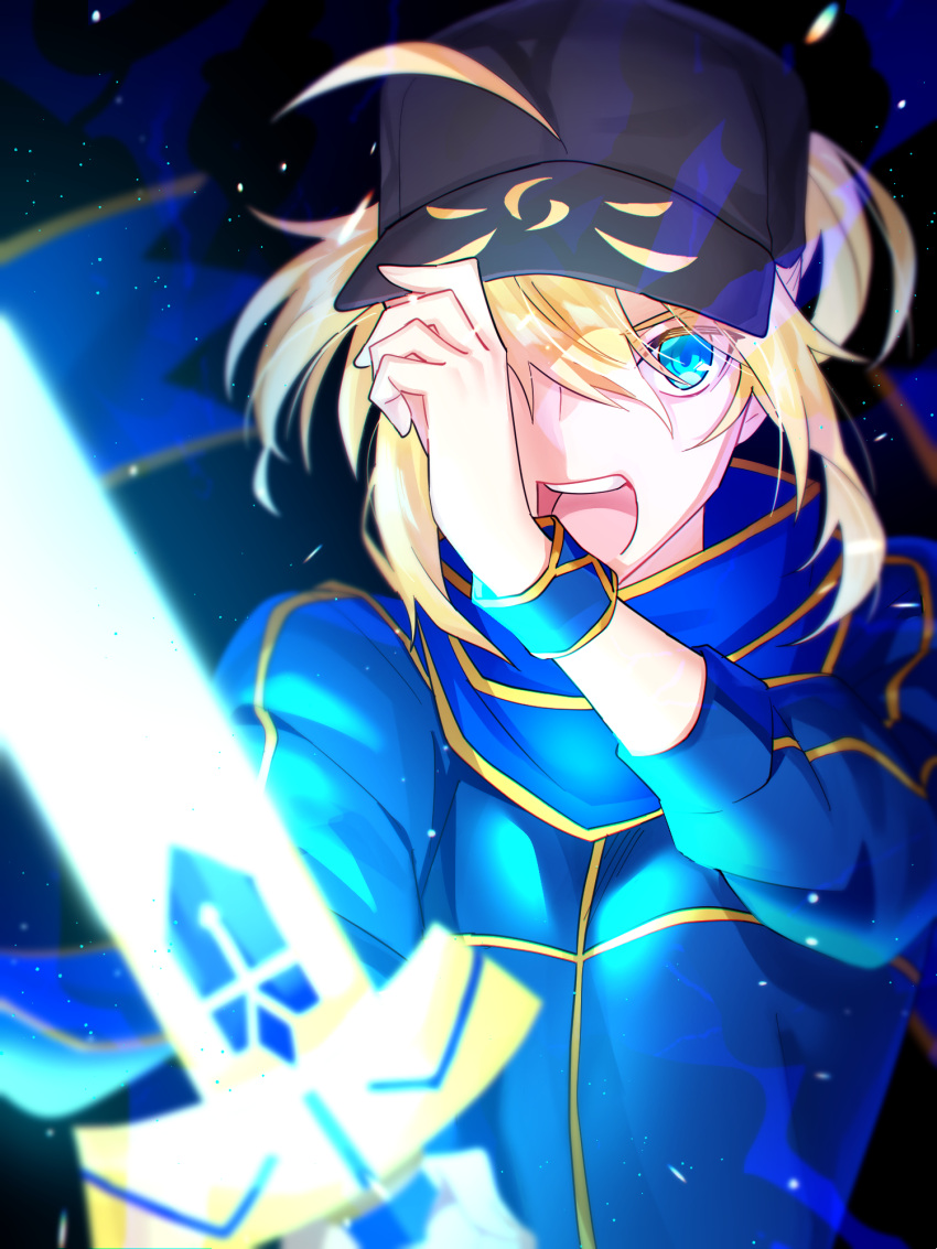 1girl adjusting_clothes adjusting_headwear ahoge artoria_pendragon_(all) baseball_cap black_background black_headwear blonde_hair blue_eyes blue_jacket blue_scarf chromatic_aberration fate/grand_order fate_(series) glowing glowing_sword glowing_weapon hair_between_eyes hat highres holding holding_sword holding_weapon jacket light_particles long_sleeves looking_at_viewer mysterious_heroine_x nn_mr open_mouth scarf solo sword track_jacket upper_teeth weapon