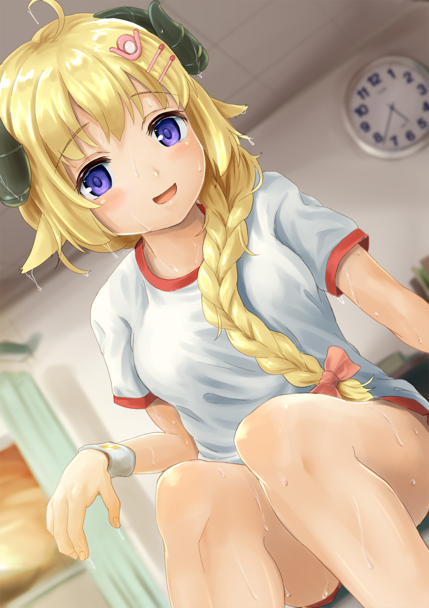 1girl :d absurdres animal_ears bangs blonde_hair blurry blurry_background blush bow braid breasts clock commentary_request curled_horns depth_of_field dutch_angle eyebrows_visible_through_hair feet_out_of_frame gym_shirt gym_shorts gym_uniform hair_bow hair_over_shoulder highres hololive horns indoors long_hair looking_at_viewer medium_breasts ohiensis open_mouth pink_bow red_shorts sheep_ears sheep_girl sheep_horns shirt short_shorts short_sleeves shorts single_braid sitting smile solo sweat tsunomaki_watame very_long_hair violet_eyes virtual_youtuber wall_clock wristband