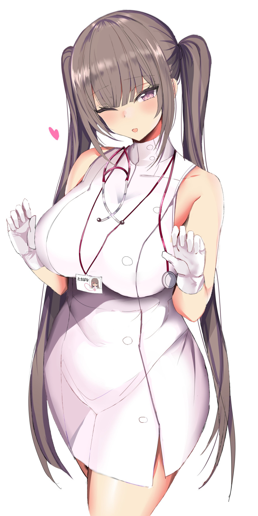 1girl absurdres bangs blush breasts dress gloves hanasaka_houcha heart highres large_breasts light_brown_hair nurse one_eye_closed original parted_lips pink_eyes sidelocks sleeveless sleeveless_dress solo stethoscope thighs twintails white_background white_gloves