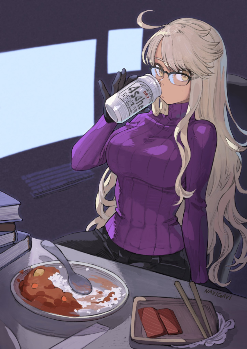 1girl ahoge alcohol alma_armas artist_name beer beer_can black-framed_eyewear black_gloves black_pants blonde_hair book_stack brand_name_imitation breasts can chair chopsticks commentary commission curry curry_rice dark_skin dark-skinned_female drink drinking english_commentary expressionless eyebrows_visible_through_hair food glasses gloves highres holding holding_can holding_drink jun_(seojh1029) keyboard large_breasts long_hair long_sleeves looking_at_viewer mixed-language_commentary monitor pants plate purple_sweater ribbed_sweater rice semi-rimless_eyewear signature skeb_commission solo spoon sweater turtleneck turtleneck_sweater va-11_hall-a yellow_eyes
