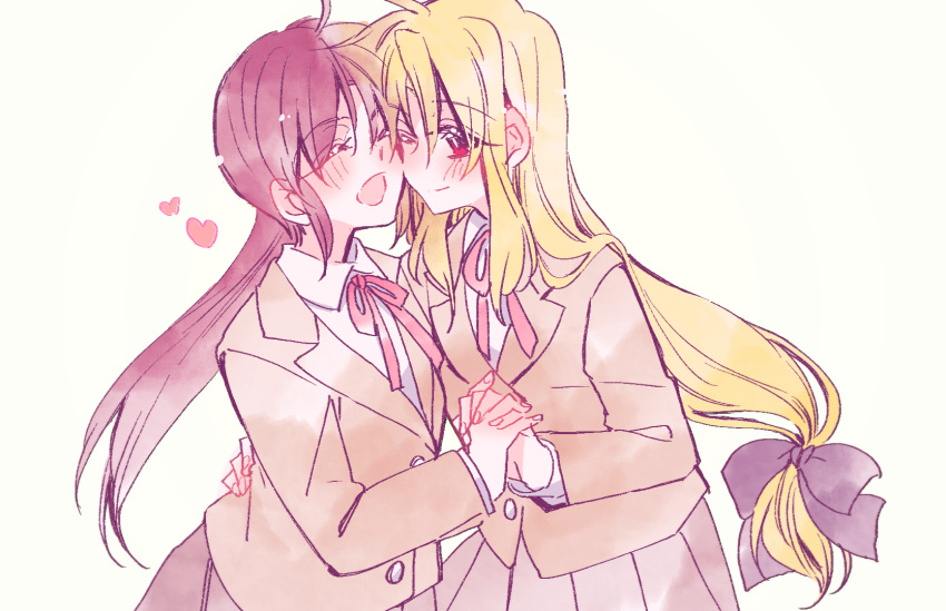 2girls blonde_hair couple fate_testarossa happy highres holding_hands interlocked_fingers long_hair lyrical_nanoha mahou_shoujo_lyrical_nanoha mahou_shoujo_lyrical_nanoha_a's multiple_girls neck_ribbon orange_hair ribbon school_uniform side_ponytail simple_background smile sorato_(astllatte) takamachi_nanoha uniform very_long_hair white_background yuri