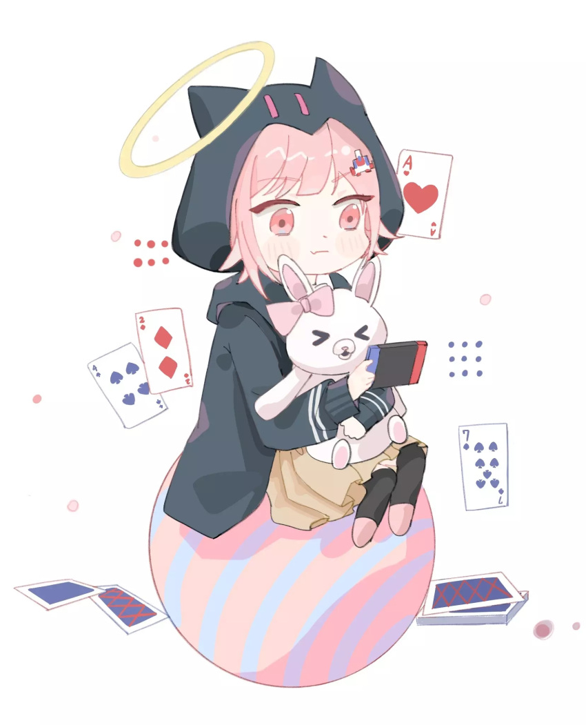 &gt;_&lt; 1girl animal_ears azusawa_rika bangs black_jacket blush bow brown_hair brown_skirt card ear_bow fake_animal_ears galaga hair_ornament halo handheld_game_console heart highres holding holding_handheld_game_console hood hooded_jacket jacket looking_down medium_hair nintendo_switch open_clothes open_jacket pink_bow pink_eyes playing_card pleated_skirt shiny shiny_hair sitting skirt smile usami_(danganronpa) white_background