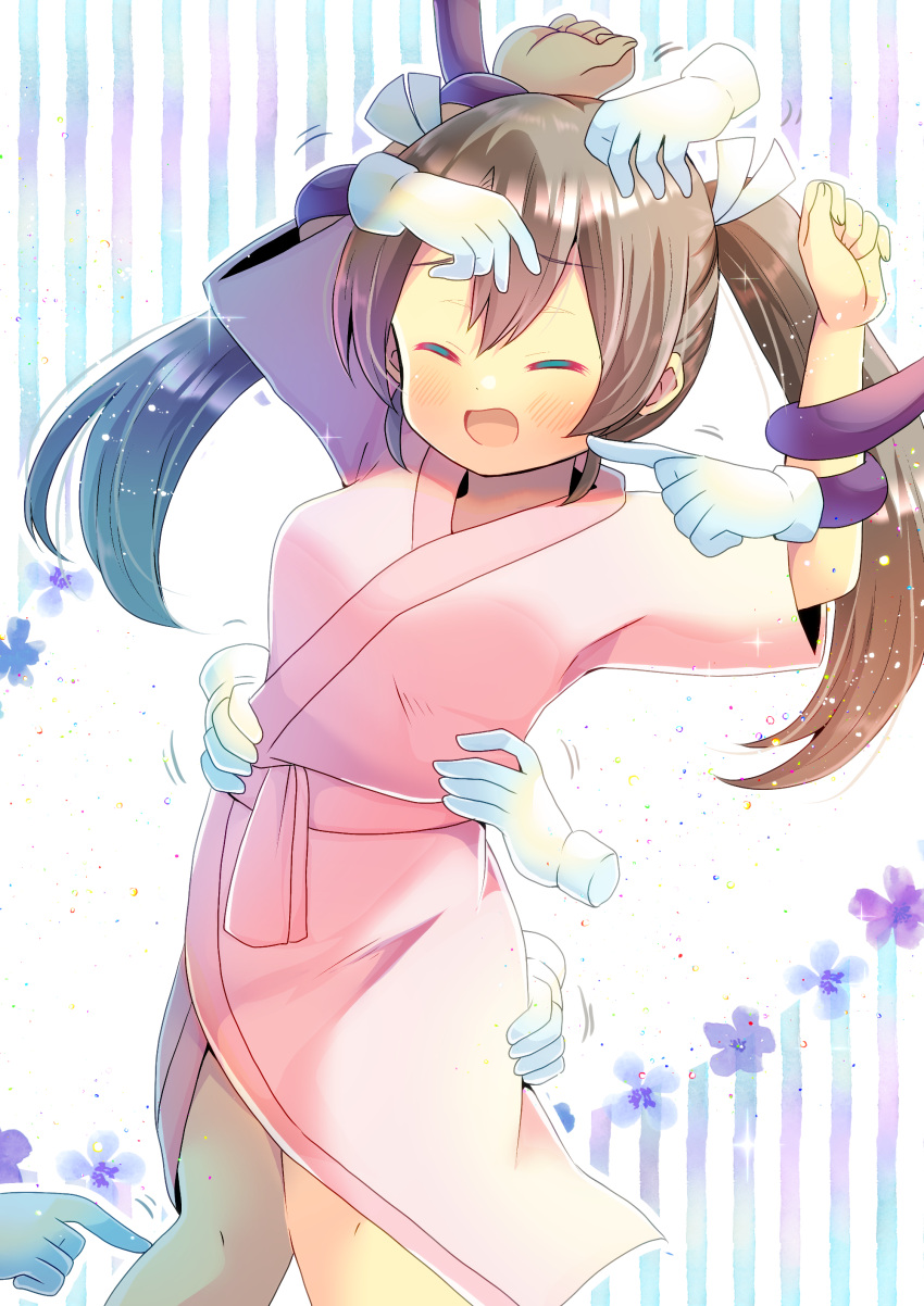 1girl absurdres arm_up bangs blue_flower blush breasts brown_hair closed_eyes commission disembodied_limb eyebrows_visible_through_hair facing_viewer floral_background flower hair_between_eyes highres japanese_clothes kantai_collection kimono kouu_hiyoyo long_hair open_mouth pink_kimono pixiv_request purple_flower restrained short_sleeves small_breasts standing striped striped_background tickling twintails vertical_stripes wide_sleeves zuikaku_(kantai_collection)
