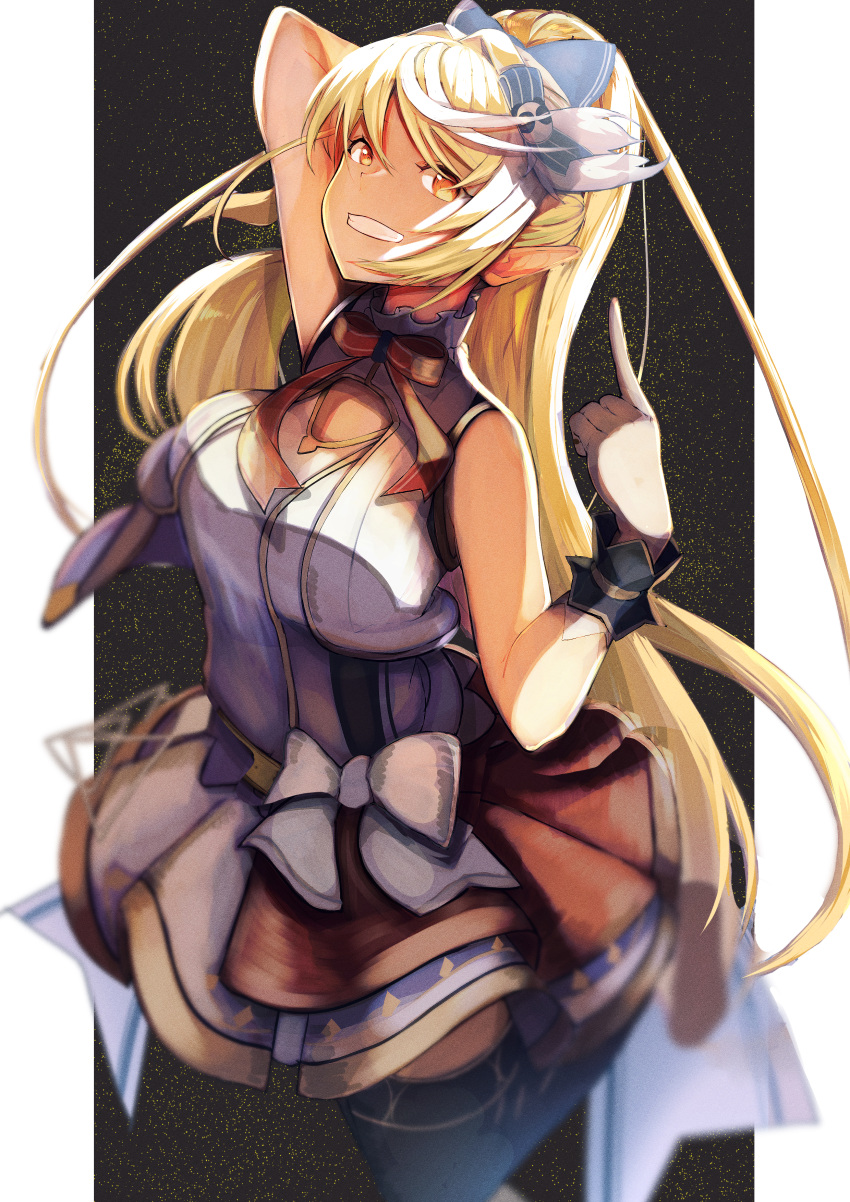 1girl absurdres arm_behind_back bangs bare_arms blonde_hair blurry bow bowtie breasts cleavage_cutout clothing_cutout dark_elf dark_skin dark-skinned_female depth_of_field elf film_grain gloves grin hair_ribbon high_collar high_ponytail highres hololive huge_filesize idol idol_clothes long_hair looking_at_viewer maruno_ball medium_breasts miniskirt multicolored_hair nonstop_story pointy_ears ribbon shiranui_flare sidelocks skirt skirt_set sleeveless smile solo streaked_hair swept_bangs teeth vest virtual_youtuber white_gloves wrist_cuffs yellow_eyes