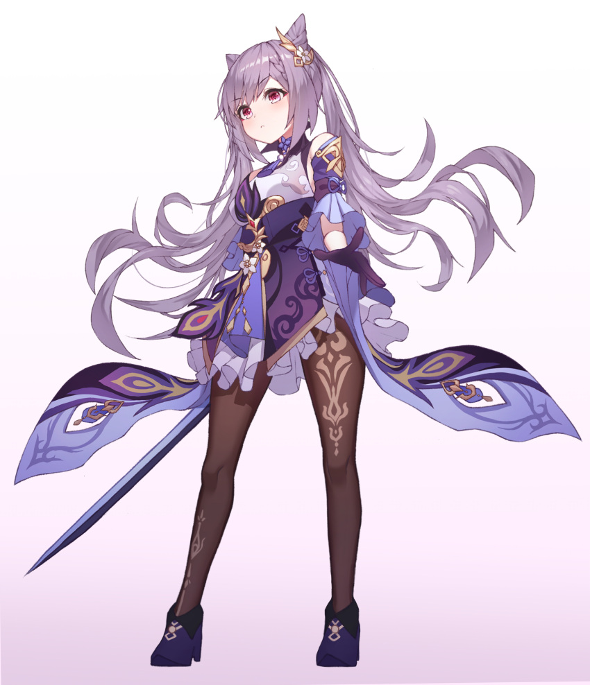 1girl absurdres black_legwear blush double_bun dress frilled_dress frilled_skirt frilled_sleeves frills full_body genshin_impact gloves hair_bun hair_ornament high_heels highres holding holding_sword holding_weapon indol keqing_(genshin_impact) pantyhose purple_hair skirt standing sword twintails violet_eyes weapon