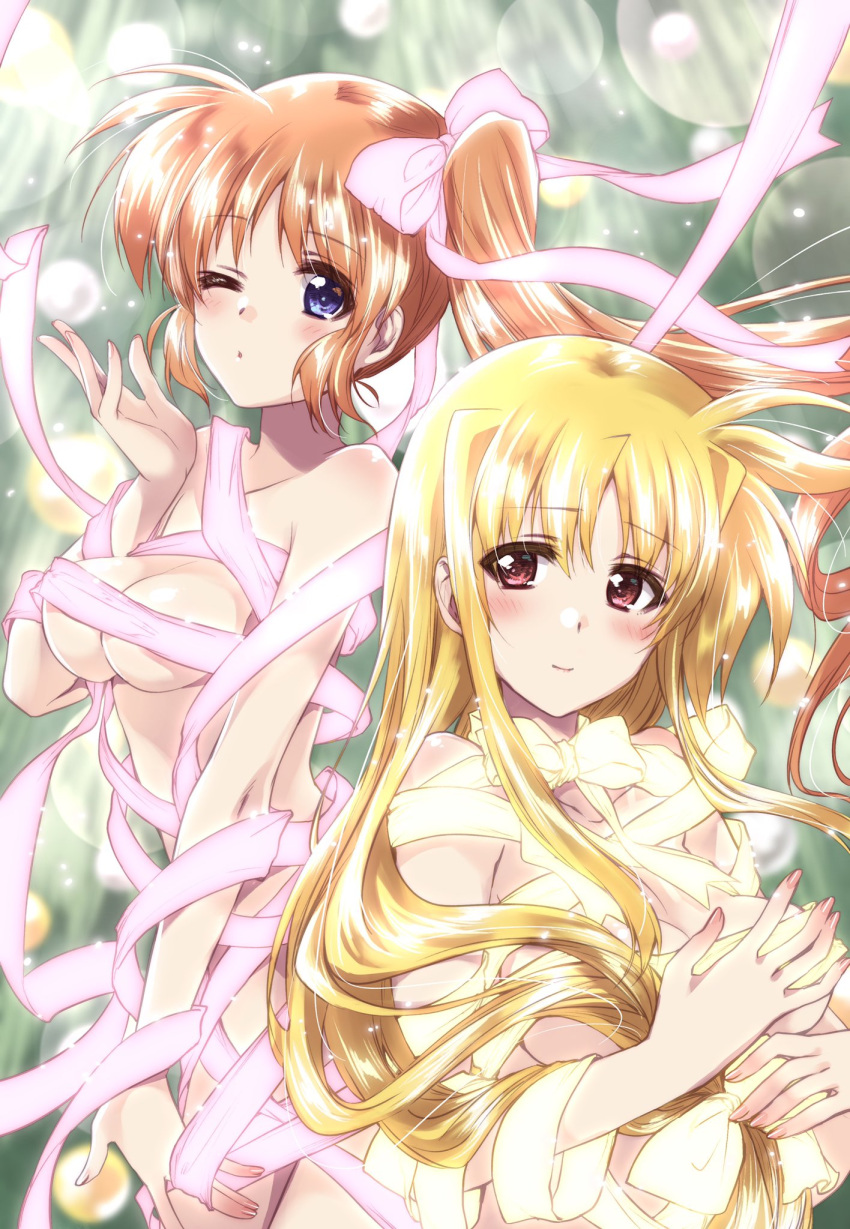 2girls bangs blonde_hair blown_kiss blue_eyes blurry blurry_background blush bokeh bow breasts brown_hair christmas christmas_ornaments commentary_request convenient_censoring covering covering_breasts depth_of_field eyebrows_visible_through_hair fate_testarossa gift_wrapping highres kuroi_mimei large_breasts light_particles light_smile long_hair long_sleeves looking_at_viewer lyrical_nanoha mahou_shoujo_lyrical_nanoha_strikers medium_breasts multiple_girls naked_ribbon one_eye_closed red_eyes ribbon side_ponytail sitting standing takamachi_nanoha wind yellow_bow