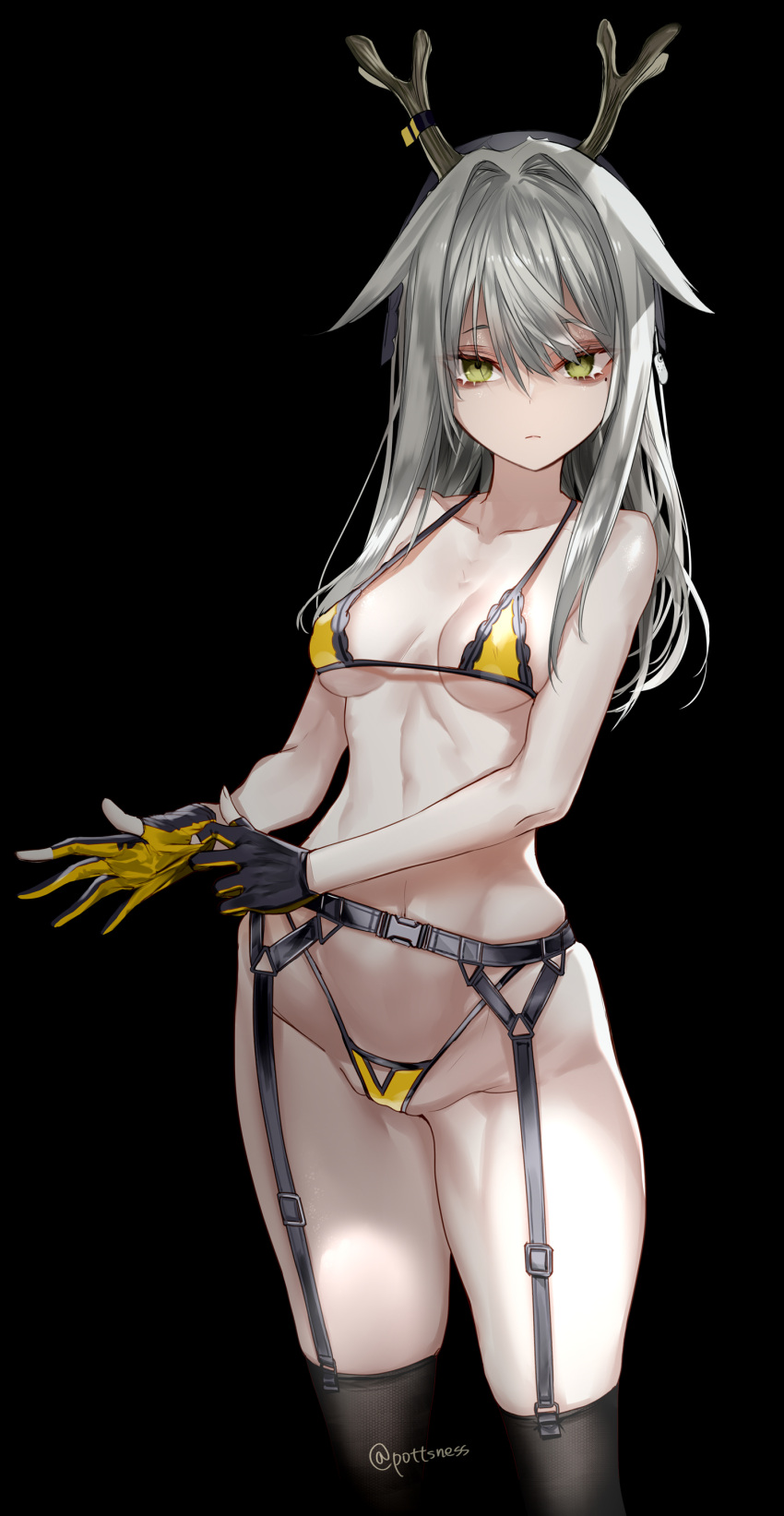 1girl absurdres adjusting_clothes adjusting_gloves alternate_costume animal_ears antlers arknights bangs bikini black_background black_legwear breasts closed_mouth firewatch_(arknights) garter_straps gloves green_eyes hair_between_eyes highleg highleg_bikini highres long_hair medium_breasts micro_bikini mole mole_under_eye pottsness reindeer_antlers reindeer_girl sidelocks silver_hair simple_background solo swimsuit thigh-highs twitter_username yellow_bikini