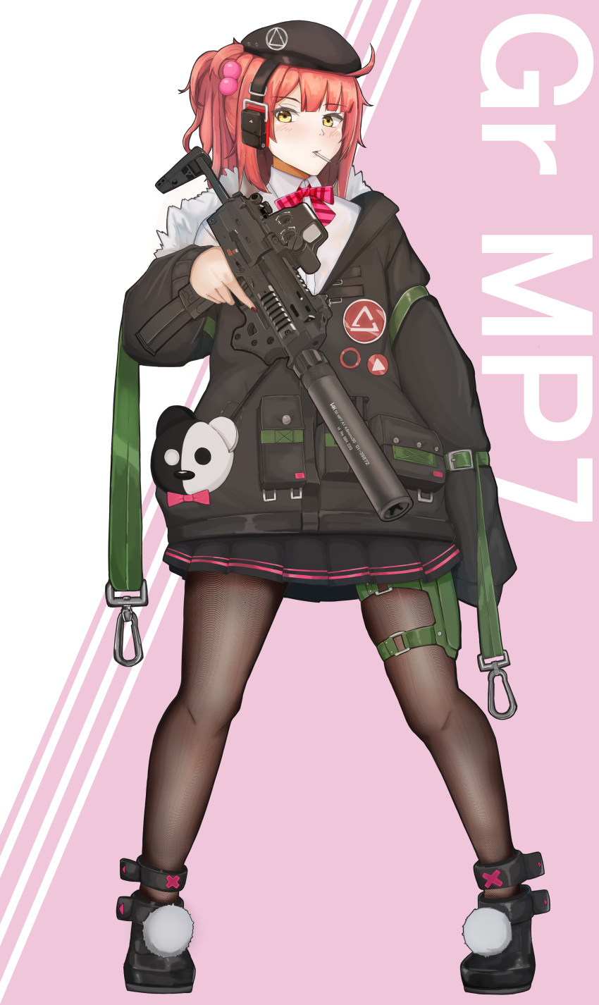 1girl absurdres beret blush candy commission food girls_frontline gun h&amp;k_mp7 hat headset highres lollipop mp7_(girls_frontline) off_shoulder pantyhose parted_lips pleated_skirt pom_pom_(clothes) ponytail redhead rx78kuroko1 skeb_commission skindentation skirt solo submachine_gun suppressor thigh_strap weapon yellow_eyes