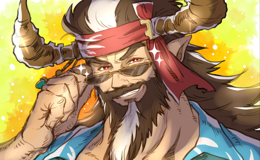1boy beard brown_hair brown_horns draph facial_hair granblue_fantasy hair_ornament hand_up headband horns jewelry long_hair looking_at_viewer male_focus multicolored_hair pointy_ears red_eyes red_headband redluck sanwari_(aruji_yume) simple_background solo sunglasses thick_eyebrows two-tone_hair upper_body white_hair yellow_background