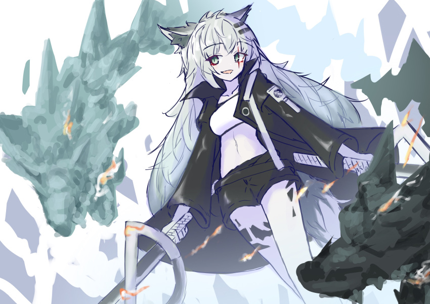1girl :d absurdres animal_ear_fluff animal_ears arknights bangs black_jacket black_shorts breasts commentary_request dual_wielding eyebrows_visible_through_hair fire green_eyes grey_hair hair_ornament hairclip highres holding holding_sword holding_weapon ichi jacket lappland_(arknights) long_hair long_sleeves looking_at_viewer medium_breasts monster navel open_clothes open_jacket open_mouth scar scar_across_eye short_shorts shorts sketch smile solo standing sword very_long_hair weapon white_background wide_sleeves