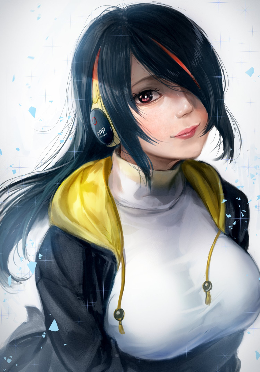 1girl bangs black_hair breasts bright_pupils brown_eyes closed_mouth drawstring emperor_penguin_(kemono_friends) hair_over_one_eye headphones highres hood hood_down hooded_jacket jacket kemono_friends large_breasts leotard lips long_hair looking_at_viewer multicolored_hair redhead smile solo streaked_hair swept_bangs takami_masahiro taut_clothes turtleneck two-tone_hair upper_body white_pupils