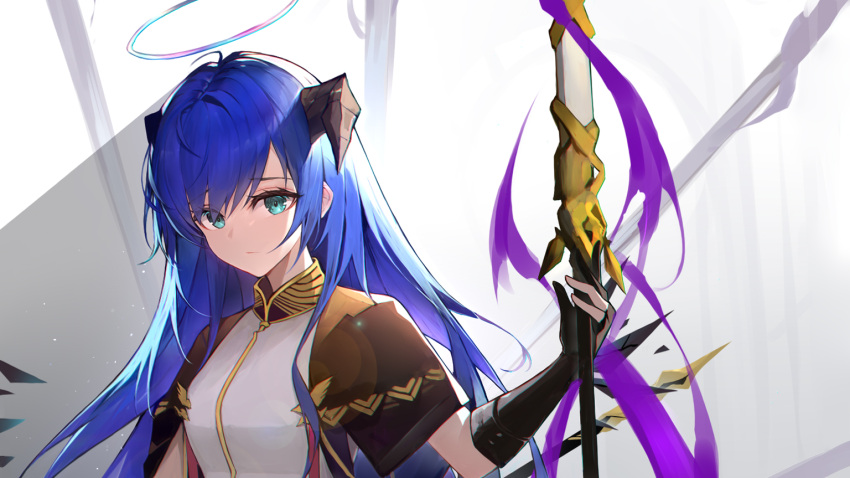 1girl aqua_eyes arknights bangs black_gloves black_wings blue_hair brown_capelet closed_mouth cticket detached_wings elbow_gloves eyebrows_visible_through_hair gloves halo holding holding_staff horns lens_flare long_hair looking_at_viewer mostima_(arknights) mostima_(spellbreaker)_(arknights) partially_fingerless_gloves shirt solo staff upper_body white_shirt wings