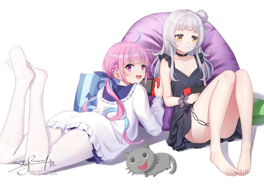 aqua_hair bare_legs barefoot black_capelet black_skirt blue_hair blue_ribbon braid capelet drill_hair feet feet_up french_braid hair_ribbon hololive long_hair minato_aqua multicolored_hair murasaki_shion one_side_up pantyhose purple_hair ribbon silver_hair skirt skyrail twin_braids twin_drills twintails two-tone_hair violet_eyes virtual_youtuber white_legwear yellow_eyes