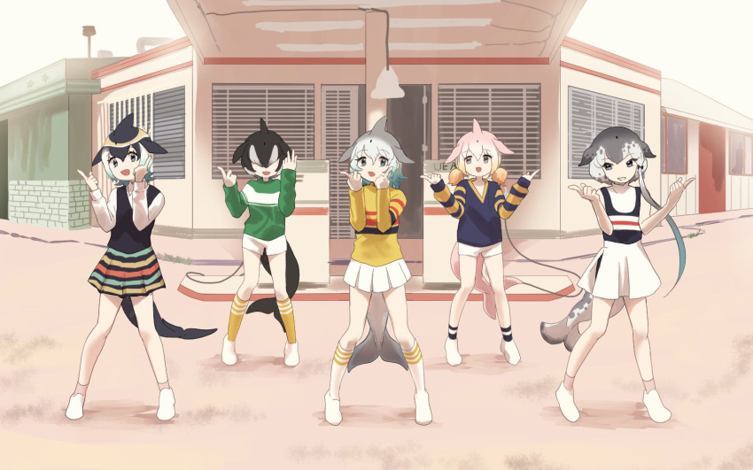 5girls :d alternate_costume bangs bare_arms bare_legs black_hair blonde_hair blowhole blue_eyes casual chi_cha_rigbo chinese_white_dolphin_(kemono_friends) common_bottlenose_dolphin_(kemono_friends) common_dolphin_(kemono_friends) contemporary covered_eyes day dolphin_tail dorsal_fin earrings eyebrows_visible_through_hair full_body grey_eyes grey_hair hair_between_eyes hair_over_eyes hand_up head_fins highres index_finger_raised jewelry kemono_friends long_hair long_sleeves looking_at_viewer medium_hair miniskirt multicolored_hair multiple_girls narwhal_(kemono_friends) open_mouth orange_hair orca_(kemono_friends) outdoors pink_hair pose shoes short_twintails shorts side_ponytail skirt sleeveless smile socks standing sweater tail turtleneck twintails very_long_hair vest white_hair