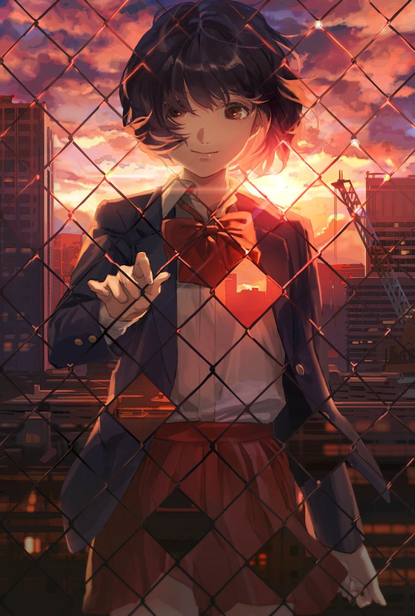 1girl backlighting blazer blue_jacket bow bowtie brown_eyes brown_hair building chain-link_fence closed_mouth clouds cloudy_sky collared_shirt crane_(machine) curly_hair fence highres jacket kotatiyu long_sleeves original outdoors pleated_skirt red_bow red_neckwear red_skirt school_uniform shirt short_hair skirt sky skyscraper smile solo standing sun sunlight sunset uniform white_shirt