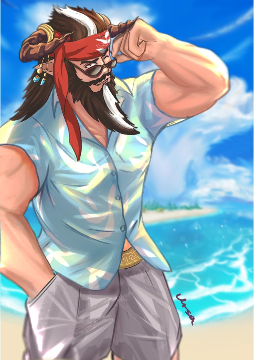 1boy absurdres beard blue_shirt blue_sky blurry blurry_background brown_eyes brown_horns day draph facial_hair glasses granblue_fantasy grey_pants hair_ornament hand_up hawaiian_shirt headband highres horns kuma_(shungong) looking_at_viewer male_focus multicolored_hair muscular mustache one_eye_closed open_mouth outdoors pants red_headband redluck shirt sky solo two-tone_hair