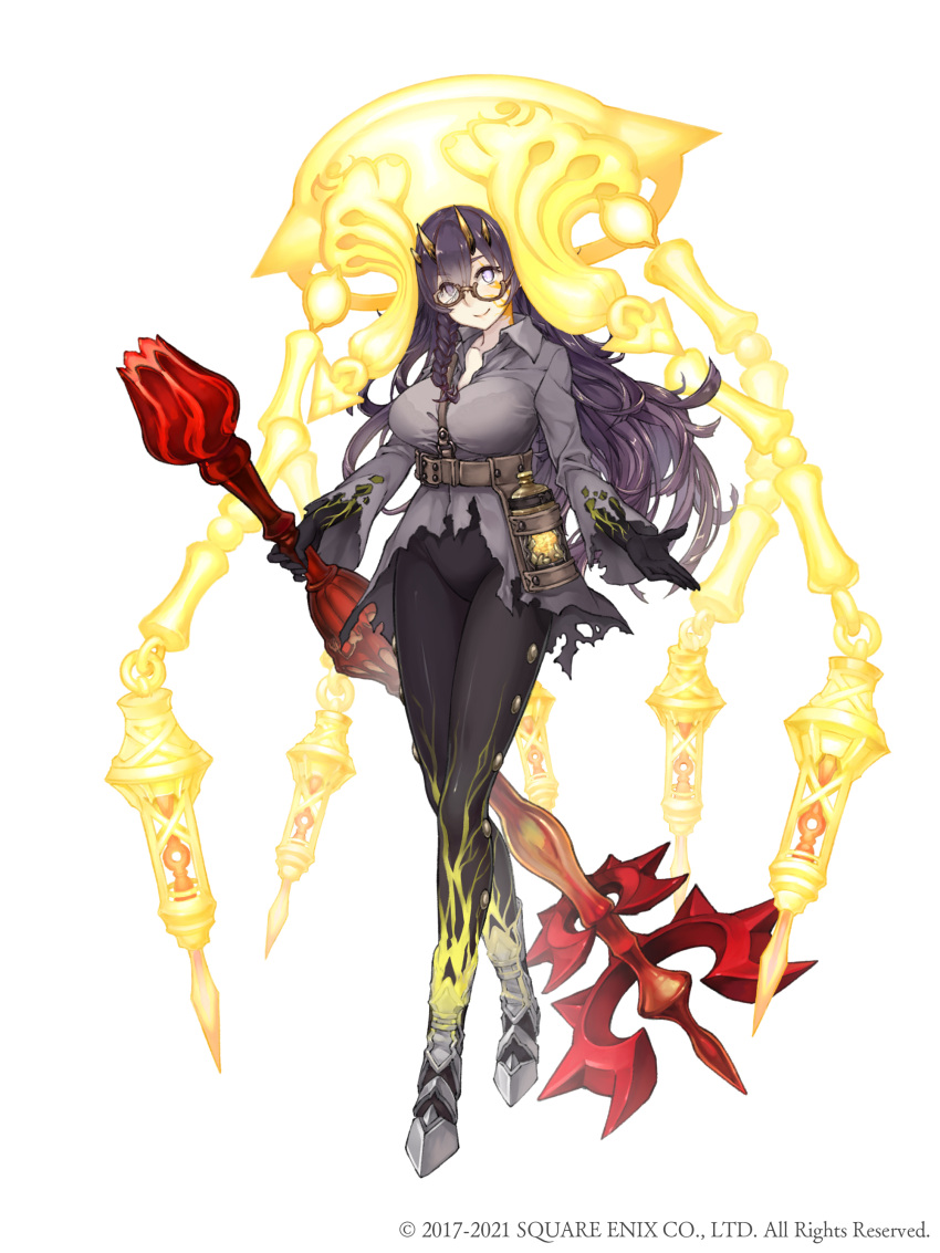 1girl absurdres belt black_legwear black_skin braid breasts broken_eyewear canister colored_skin corruption crossed_legs dorothy_(sinoalice) empty_eyes eyebrows_visible_through_hair eyes_visible_through_hair full_body glowing_veins gradient_skin highres holding holding_weapon horns ji_no large_breasts looking_at_viewer mace official_art purple_hair reality_arc_(sinoalice) shirt single_braid sinoalice smile solo square_enix torn_clothes torn_shirt violet_eyes watson_cross weapon white_background