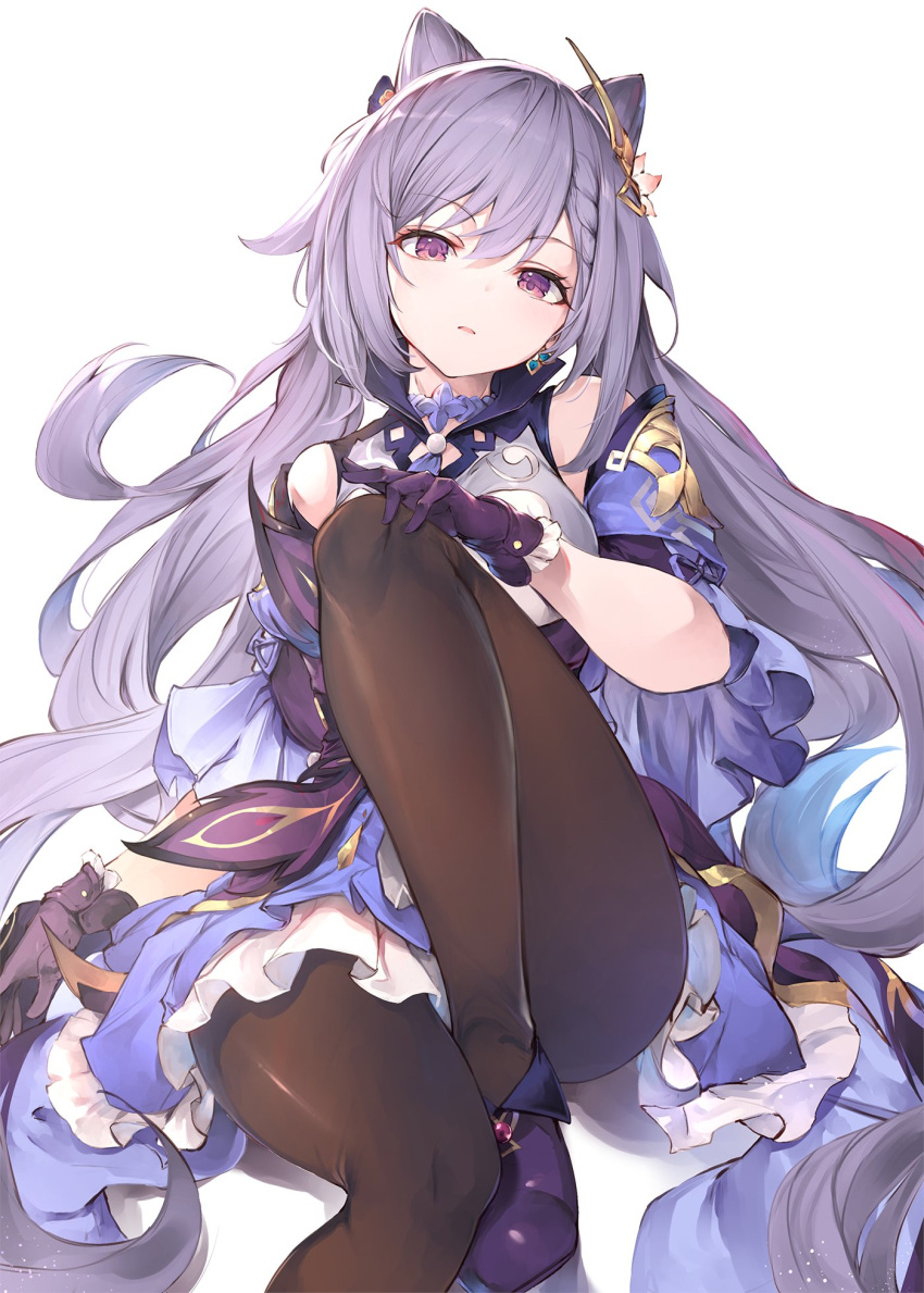 1girl bare_shoulders black_legwear braid choker dress earrings fal_maro frilled_dress frilled_skirt frilled_sleeves frills genshin_impact gloves hair_ornament half-closed_eyes highres jewelry keqing_(genshin_impact) looking_at_viewer pantyhose parted_lips purple_hair simple_background sitting skirt solo twintails violet_eyes white_background