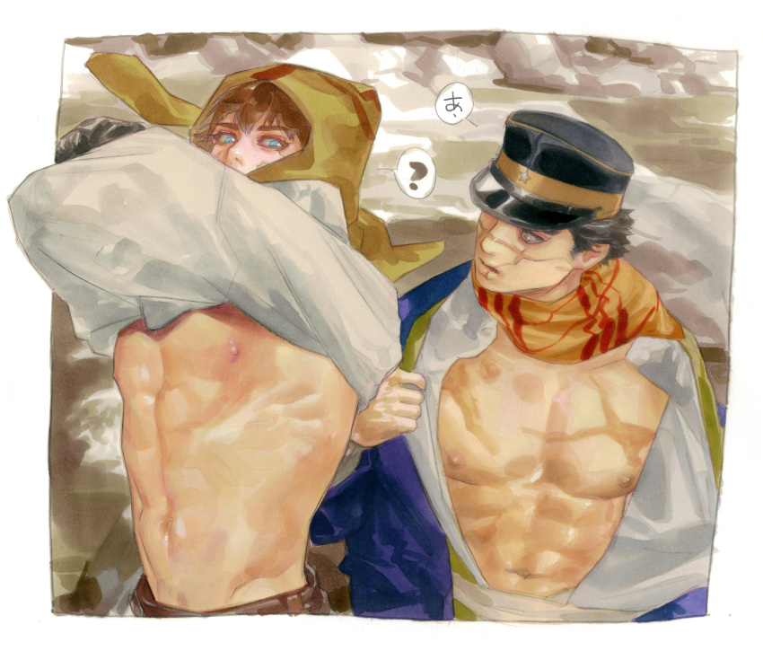 2boys ? abs absurdres bare_pecs beard blue_eyes brown_eyes brown_hair dima facial_hair golden_kamuy hat highres imperial_japanese_army kepi long_sleeves male_focus military_hat multiple_boys muscular muscular_male navel nipples russian_clothes scar scar_on_cheek scar_on_chest scar_on_face scar_on_mouth scar_on_nose short_hair simple_background spiky_hair sugimoto_saichi undressing upper_body vasily_(golden_kamuy) wet