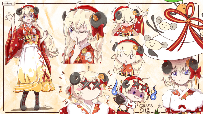 &gt;_&lt; 1girl ahoge animal_ears axe banzatou_(banzatou1) beret black_footwear blonde_hair blue_eyes boots braid bubble_skirt chibi chibi_inset commentary cropped_torso english_text eyebrows_visible_through_hair finger_to_mouth floral_print full_body fur_scarf hair_down hakama hat highres holding holding_axe hololive horns japanese_clothes kagami_mochi kimono long_hair mixed-language_commentary multiple_views obi obiage one_eye_closed red_kimono sash scarf sheep_ears sheep_girl sheep_horns shushing skirt smile star-shaped_eyewear sunglasses tsunomaki_watame twin_braids very_long_hair violet_eyes virtual_youtuber white_scarf wide_sleeves