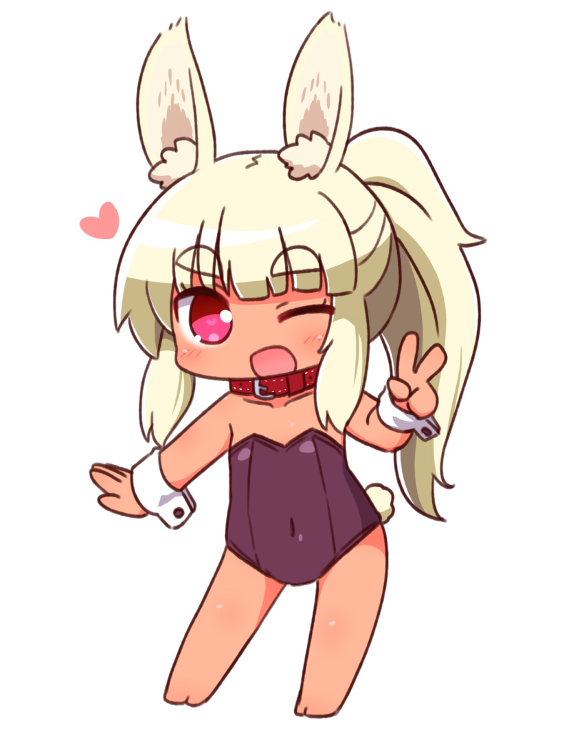 1girl ;d animal_ear_fluff animal_ears bare_legs bare_shoulders barefoot blonde_hair blush bunny_tail chibi collar collarbone commentary_request covered_navel full_body hand_up heart heart-shaped_pupils highres leotard long_hair masurao_(sekaiju) naga_u one_eye_closed open_mouth pink_eyes ponytail purple_leotard rabbit_ears rabbit_girl red_collar sekaiju_no_meikyuu sekaiju_no_meikyuu_5 simple_background smile solo standing strapless strapless_leotard symbol-shaped_pupils tail v very_long_hair white_background wrist_cuffs