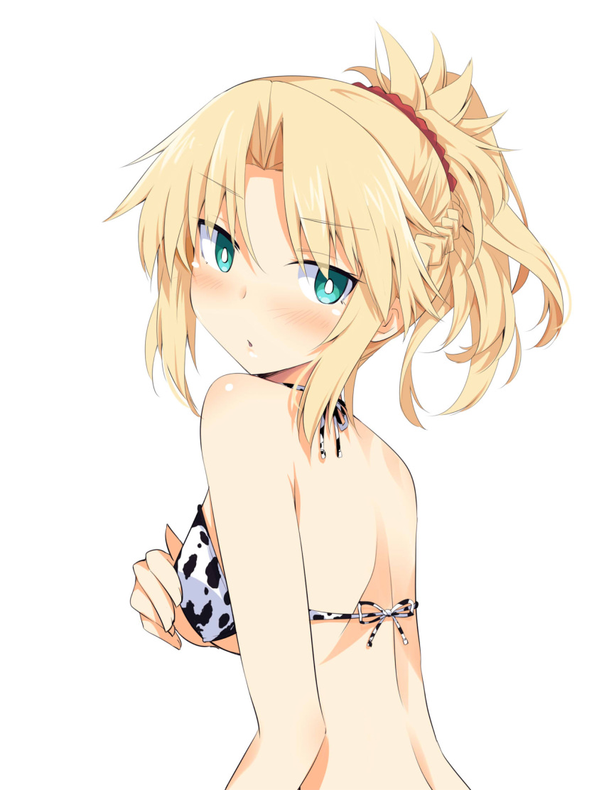 1girl :o alternate_costume back bangs bare_shoulders bikini black_bikini blonde_hair blush braid breasts chata_maru_(irori_sabou) commentary_request eyebrows_visible_through_hair fate/apocrypha fate_(series) from_side hair_between_eyes hair_ornament highres looking_at_viewer looking_to_the_side mordred_(fate) mordred_(fate)_(all) ponytail red_scrunchie scrunchie simple_background solo swimsuit upper_body white_background white_bikini