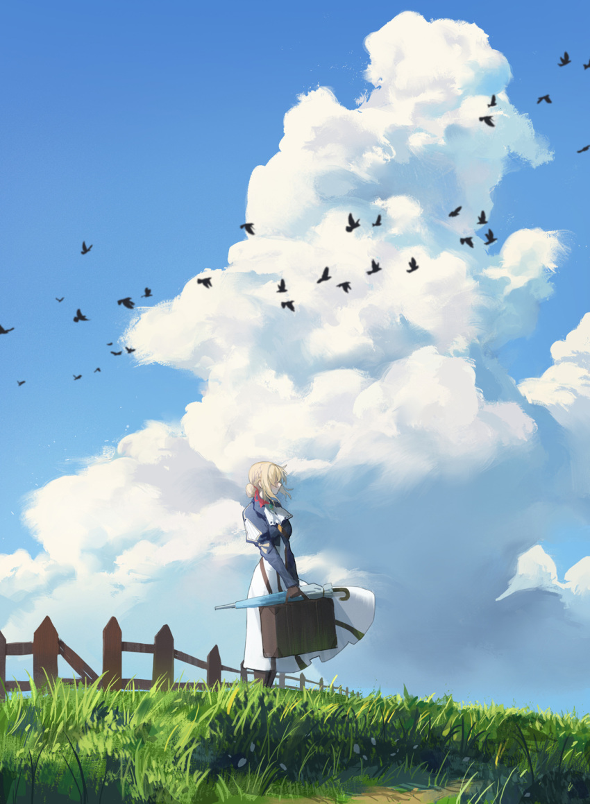 1girl bird blonde_hair blue_eyes blue_sky braid clouds commentary day dongho_kang dress grass hair_ribbon highres long_sleeves red_ribbon ribbon scenery sky solo violet_evergarden violet_evergarden_(character) wind