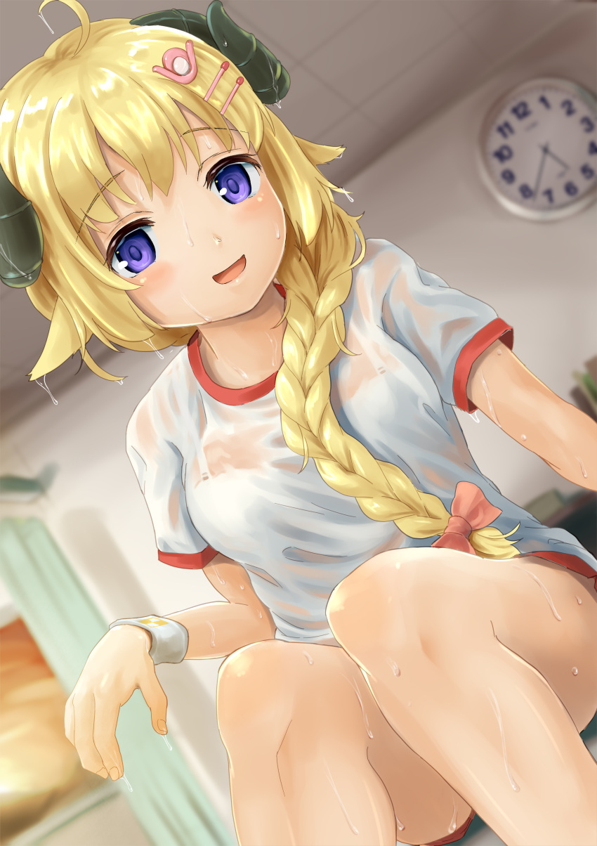 1girl :d absurdres animal_ears bangs blonde_hair blurry blurry_background blush bow bra braid breasts clock curled_horns depth_of_field dutch_angle eyebrows_visible_through_hair feet_out_of_frame gym_shirt gym_shorts gym_uniform hair_bow hair_over_shoulder highres hololive horns indoors long_hair looking_at_viewer medium_breasts ohiensis open_mouth pink_bow red_shorts see-through sheep_ears sheep_girl sheep_horns shirt short_shorts short_sleeves shorts single_braid sitting smile solo sweat tsunomaki_watame underwear very_long_hair violet_eyes virtual_youtuber wall_clock wet wet_clothes wet_shirt white_bra wristband