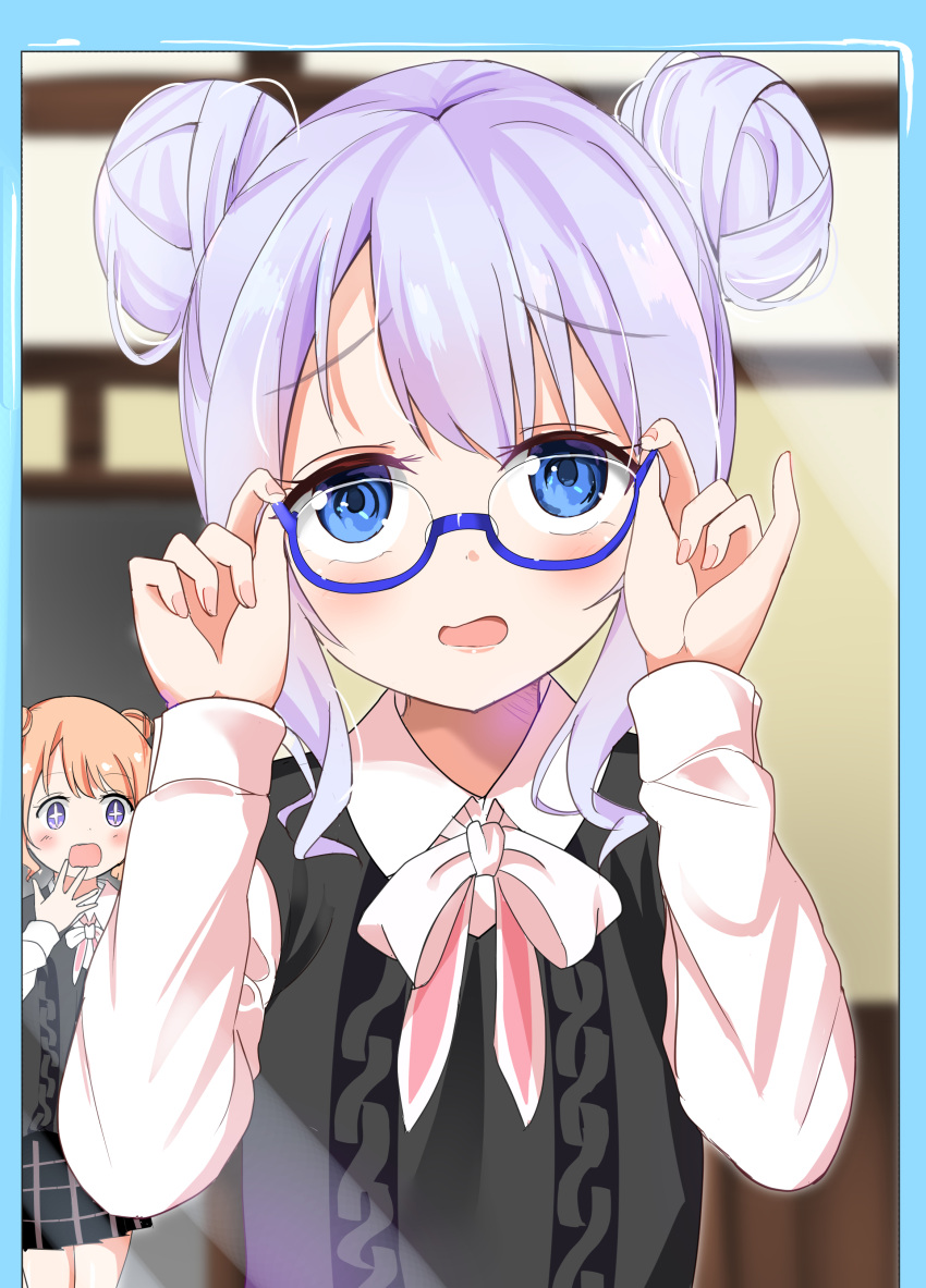 +_+ 2girls absurdres adjusting_eyewear bespectacled black_skirt blue-framed_eyewear blue_border blue_eyes blue_hair blush border bow brown_hair collared_shirt commentary_request double_bun glasses gochuumon_wa_usagi_desu_ka? hands_up highres hoto_cocoa kafuu_chino kousaka_nobaku long_sleeves looking_at_viewer multiple_girls open_mouth pleated_skirt semi-rimless_eyewear shirt skirt solo_focus sweater_vest under-rim_eyewear upper_body white_bow white_shirt