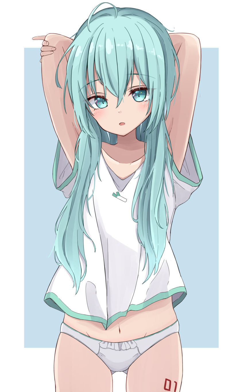 1girl absurdres ahoge alternate_hairstyle aqua_eyes aqua_hair arms_up ass_visible_through_thighs bad_anatomy bangs blue_background blush breasts collarbone commentary_request cowboy_shot hair_between_eyes hatsune_miku highres looking_at_viewer maud0239 midriff_peek navel panties parted_lips pinky_out shirt short_sleeves simple_background small_breasts solo standing underwear vocaloid white_panties white_shirt