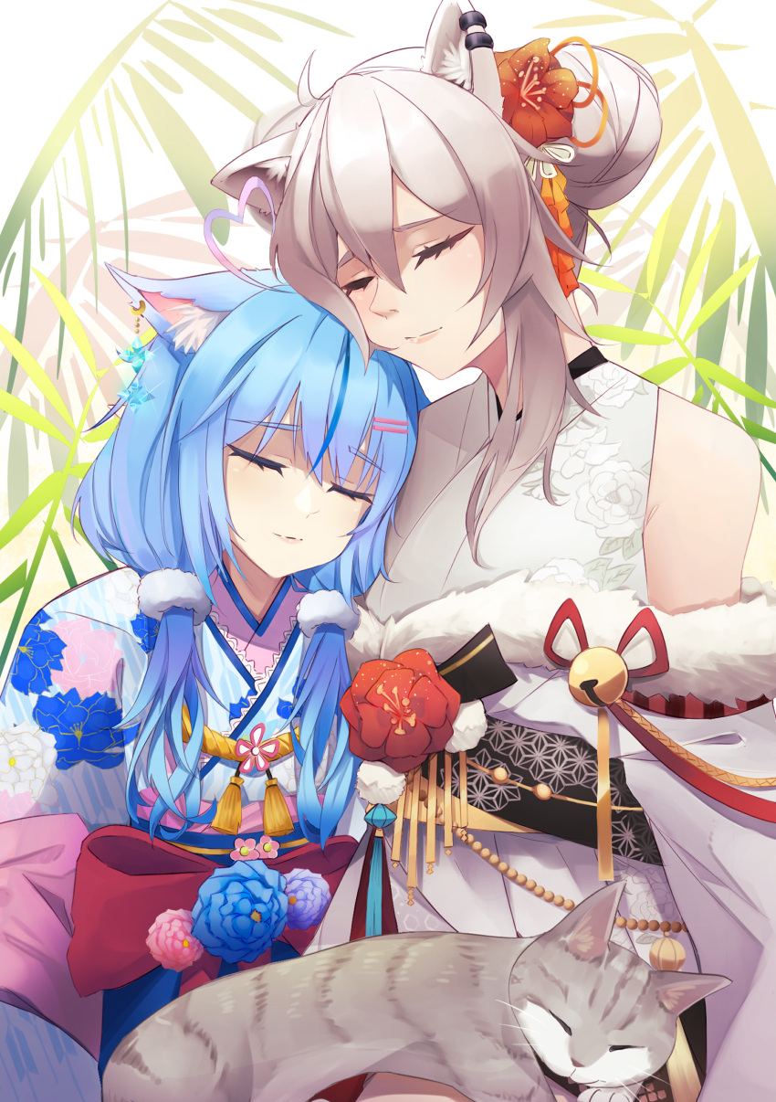 2girls absurdres angruoxin animal_ear_fluff animal_ears blue_hair cat cat_ears cat_girl closed_eyes closed_mouth ear_piercing eyebrows_visible_through_hair eyelashes face-to-face green_hair head_on_another's_shoulder highres hololive japanese_clothes kimono lion_ears lion_girl multiple_girls obi obiage obijime piercing sash shishiro_botan silver_hair smile upper_body virtual_youtuber yukihana_lamy yuri